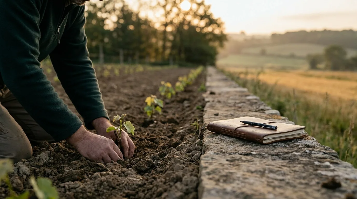 Plantation de jeunes ceps de vigne au lever du soleil, un carnet et un stylo posés sur un muret