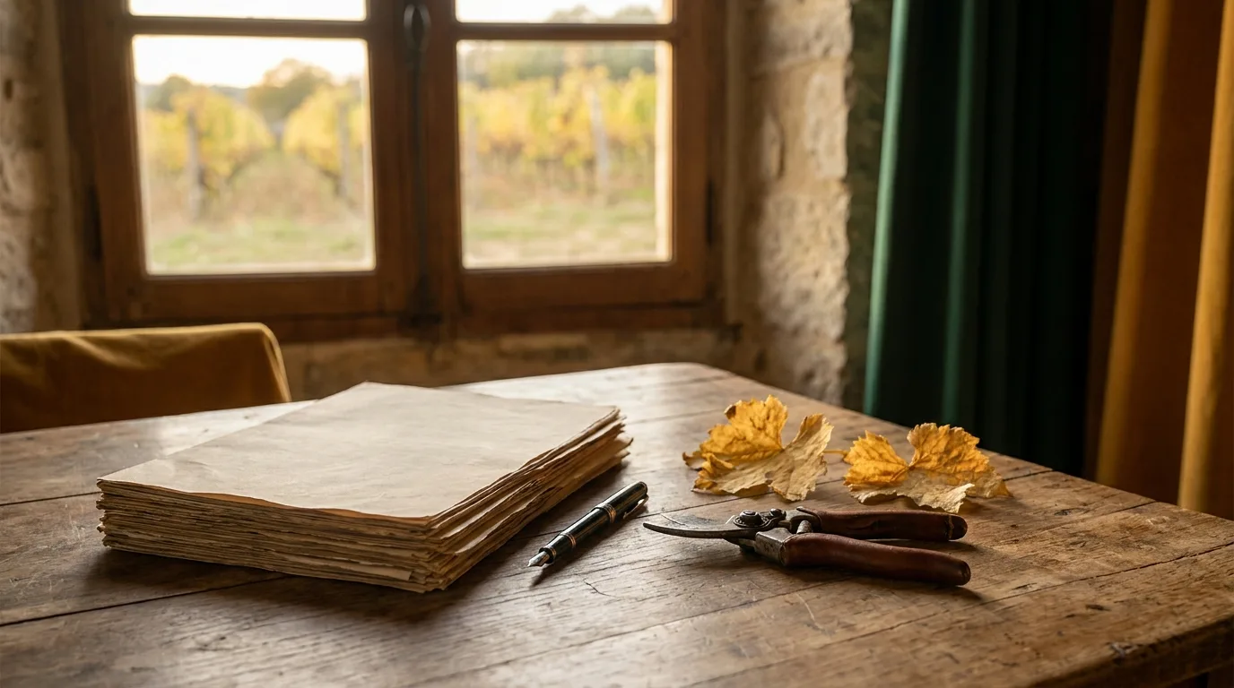 Documents et stylo plume sur une table en bois face à un vignoble, un sécateur posé à côté