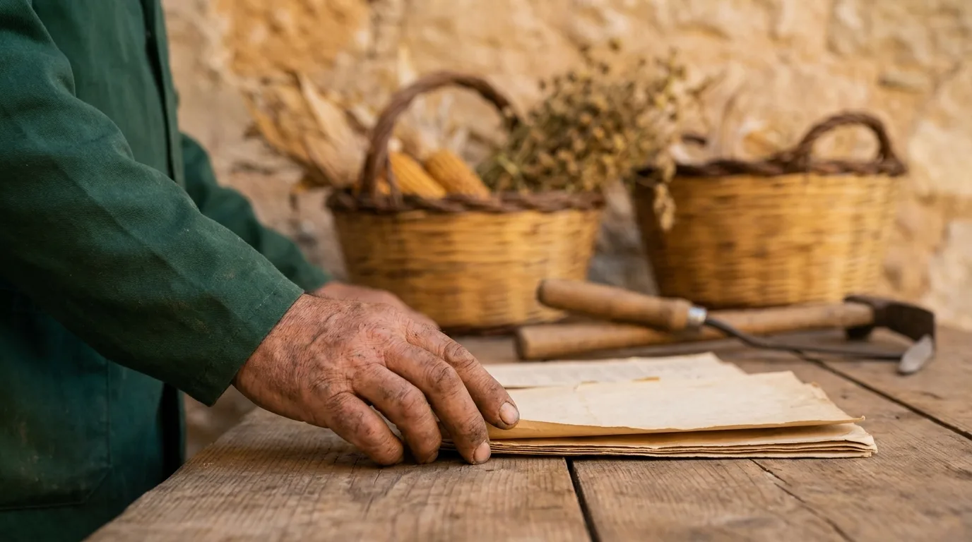 Main posée sur un document de paie, panier de récolte et outils agricoles en arrière-plan